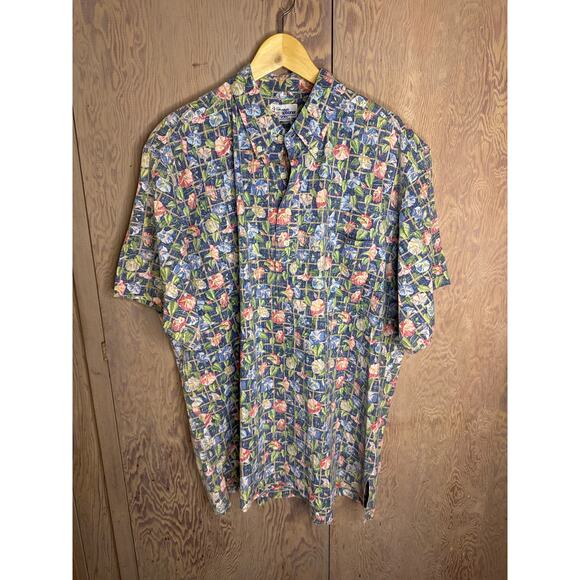 Reyn Spooner Blue Multicolored Flowers Button Pullover Aloha Shirt Men Size 2XL